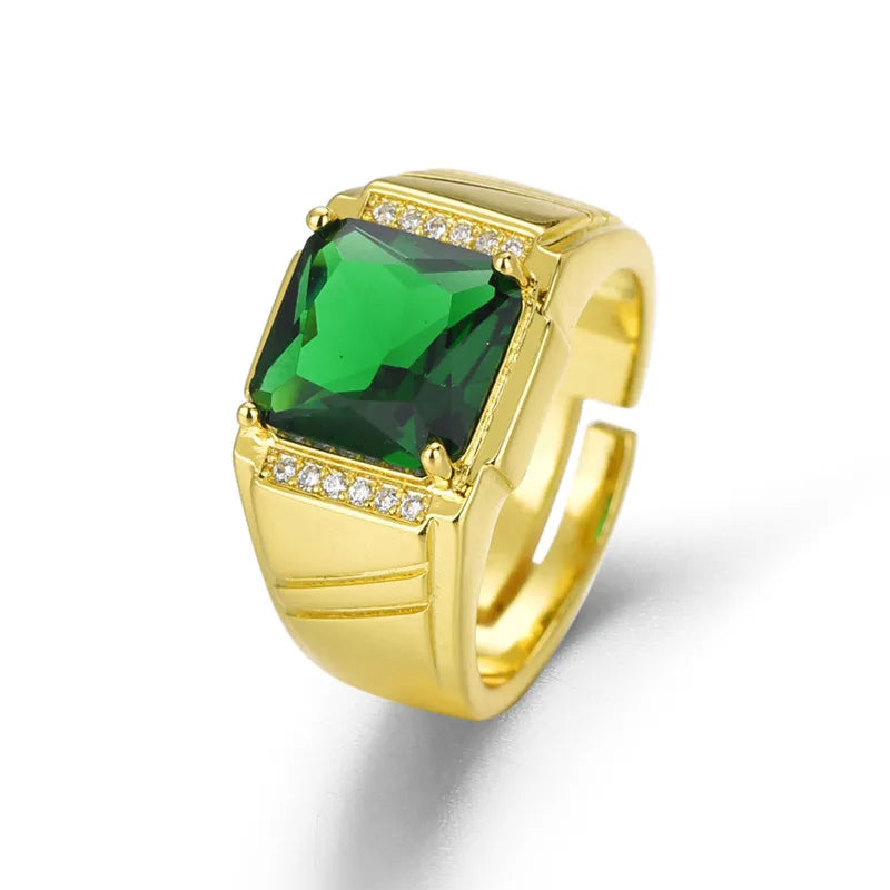 Masculine Green Crystal Emerald Gemstones Diamonds Open Rings for Men 18k Gold Filled Jewelry Trendy Finger Band Accessory Bague