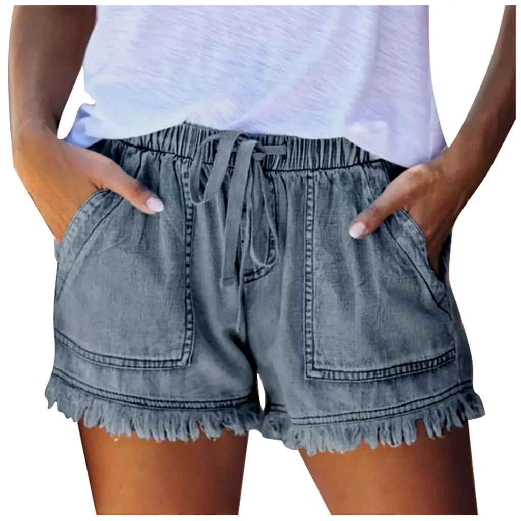 New Arrival Casual Summer Hot Sale Pocket Jeans Denim Women Shorts High Waists Tassel Bandage sexy short Jeans Skirts