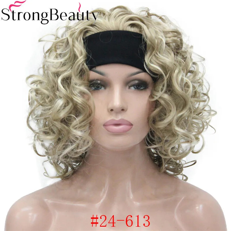 StrongBeauty Short Curly Synthetic Wigs with Headband Women Blue/Gray/Black/Red/Blonde/Brown Wigs 3/4 Half Wig for Lady