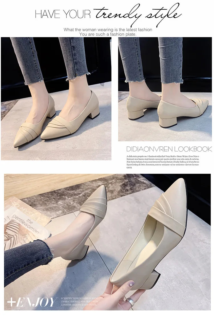 Women's Business square Heel Shoes Pointed Thick Heel Small Leather Shoes Four Seasons Elegant Formal Fashion High Heels