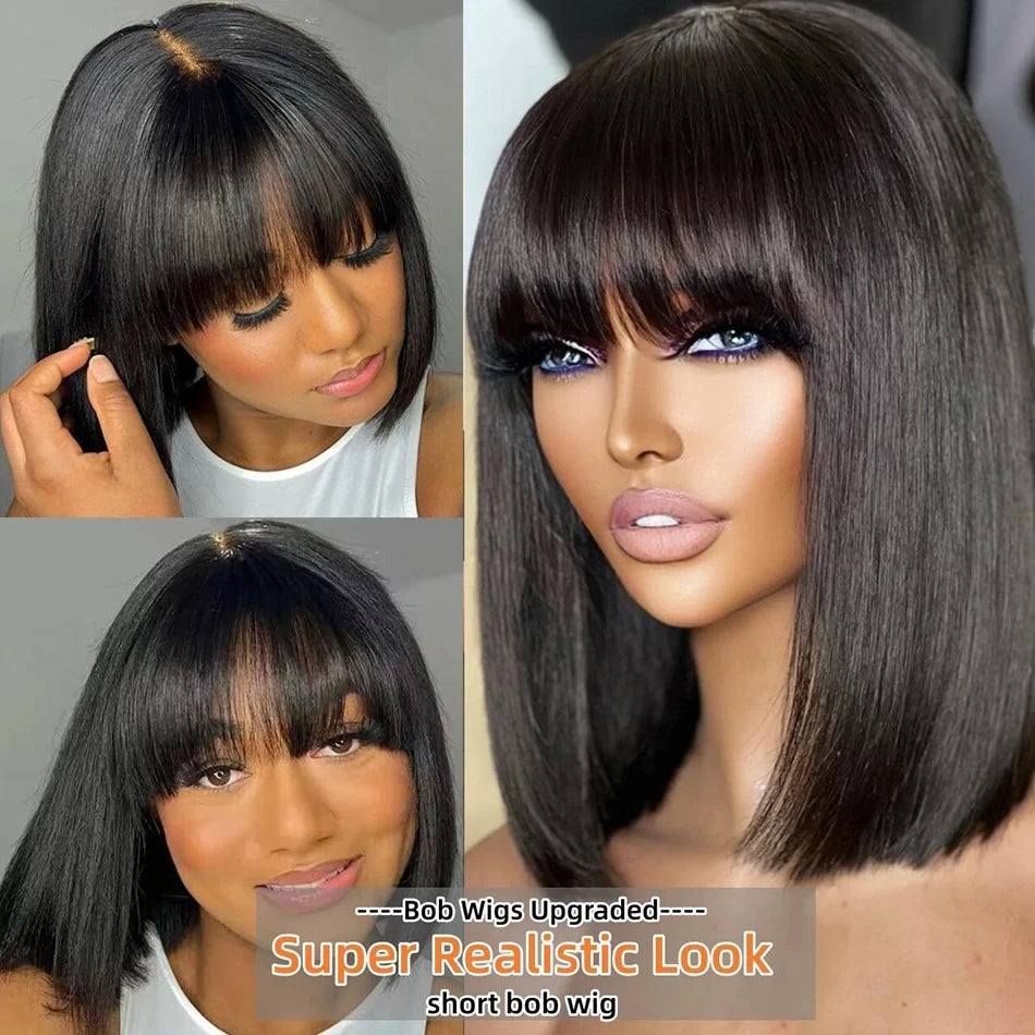3X1 Full & Short Bob Wig Glueless Brazilian Human Hair Machine Made Bone Straight with Bangs for Women