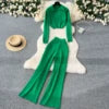 Fashion Sweater Set Women's Loose Casual Retro Lapel Short Long-sleeved Sweater Women's High-waisted Wide-leg Pants