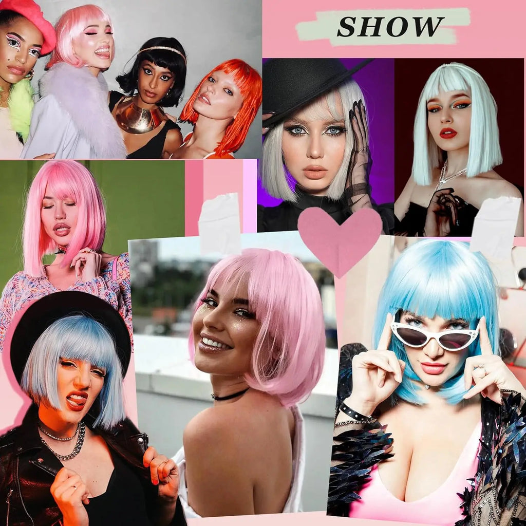 Short Black Straight Wig with Bangs Women Bob Shoulder Length Wigs Heat Resistant Fiber Synthetic Hair Wigs Natural Looking