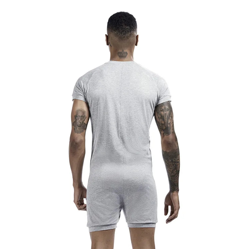 Men's Comfortable Solid Color One-Piece Pajamas with Snap Buttons Super Elastic Sleepwear Jumpsuit for Home