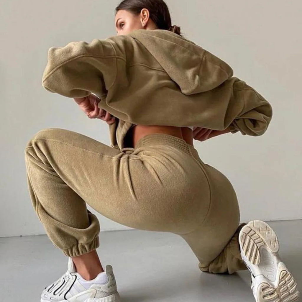 2025 Casual Women Fleece Hoodie Two Piece Sets Hooded Zipper Outerwear And Harem Pant Suit Winter Fashion Streetwear Tracksuit