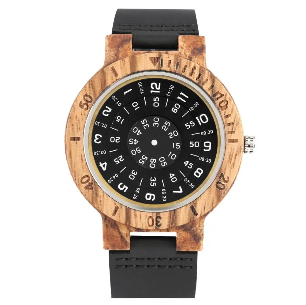 Men's Watches Unique Turntable Dial Watch Special Number Dial Wooden Watch Quartz Clock Male Unisex Leather Band Relojes Hombre