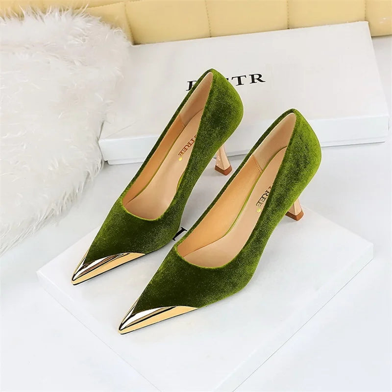 2023 Women's Fashion Kitten Heels New Metal Pointed Suede Party Shoes Slip-On Bridal for Summer