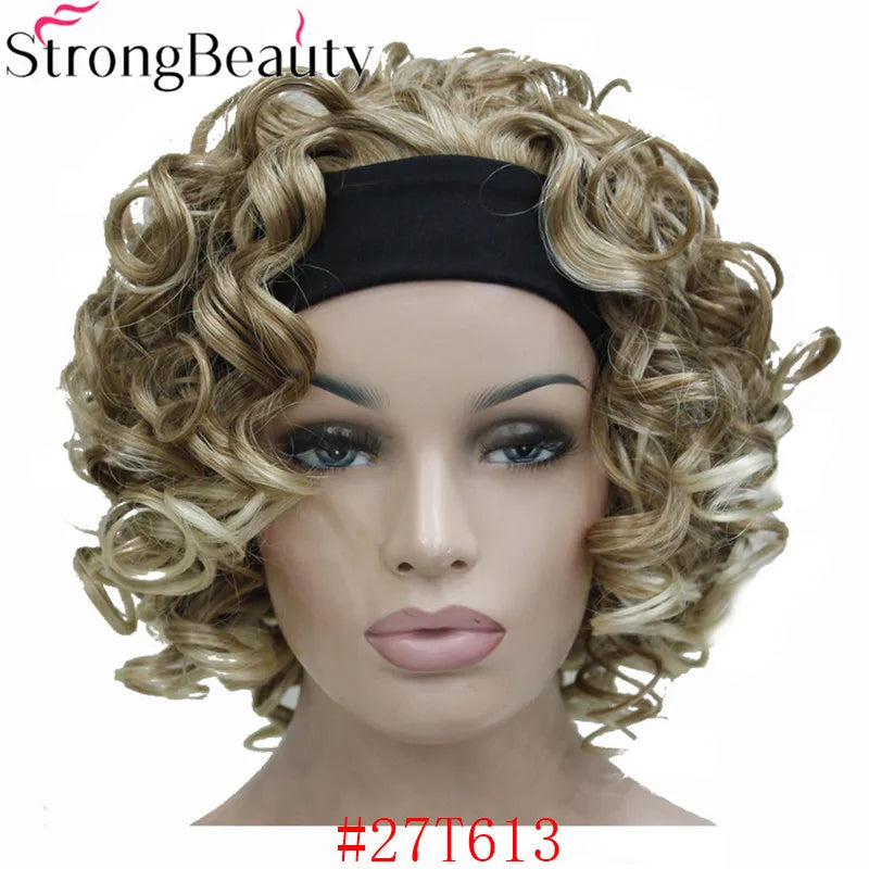 StrongBeauty Short Curly Synthetic Wigs with Headband Women Blue/Gray/Black/Red/Blonde/Brown Wigs 3/4 Half Wig for Lady