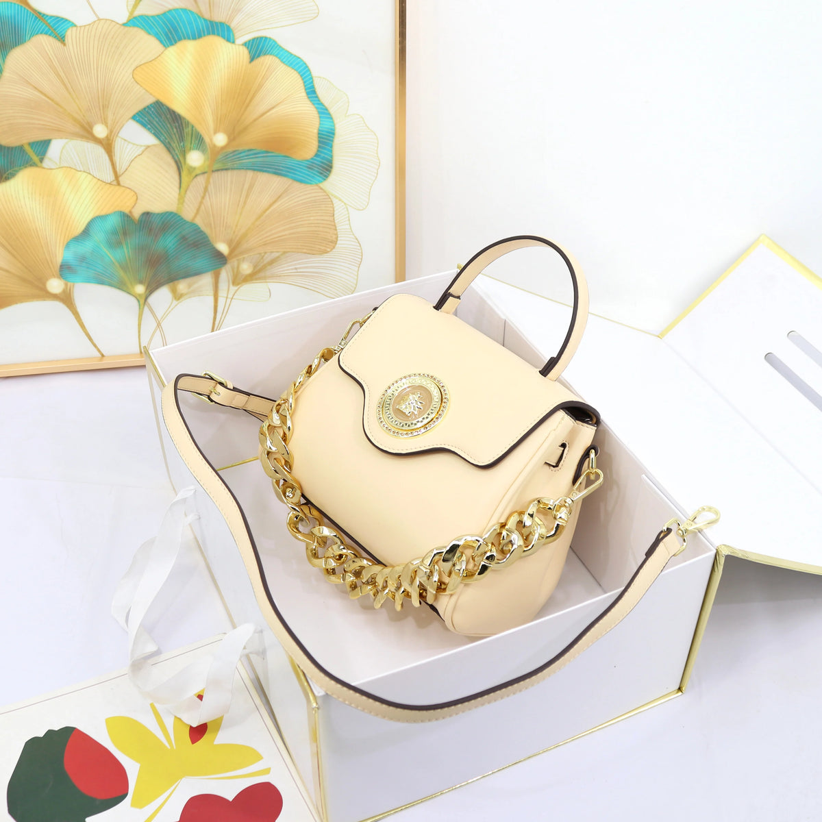 Ladysky Top Product Quality Fabric Handbag for Women Acranged Chain Head Female Bag Fashion Designer Bag with Boxes 24 cm