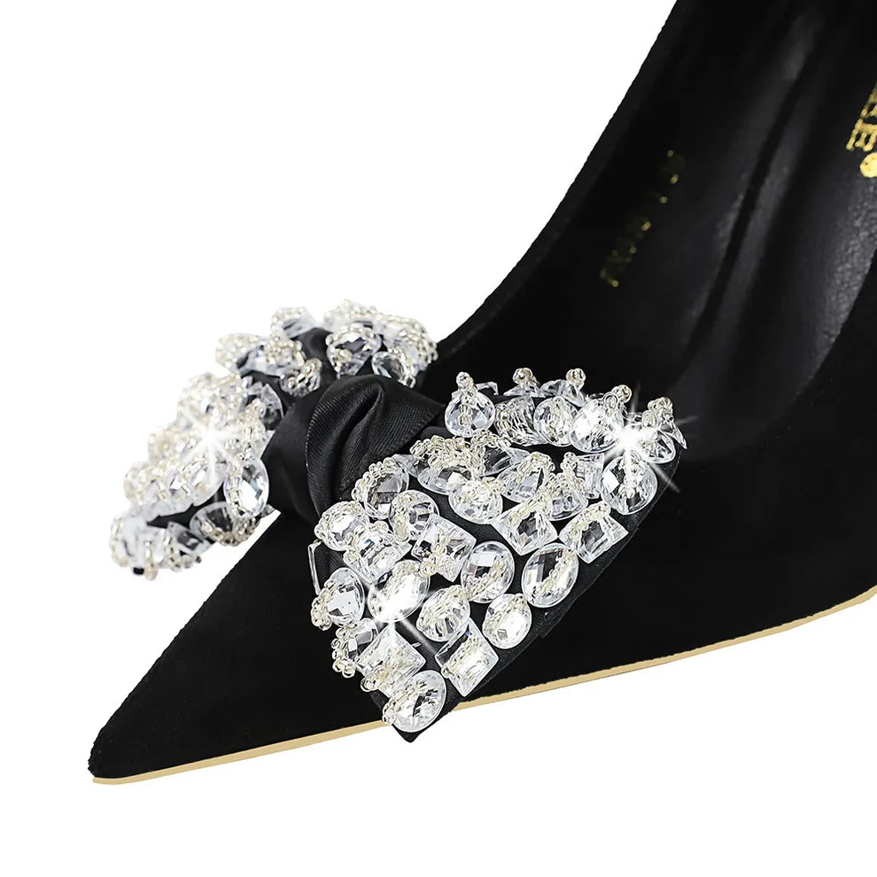 Fashion Banquet High Heels Slim Heel Suede Shallow Mouth Pointed Rhinestone Bow Tie Single Shoes Women's Shoes
