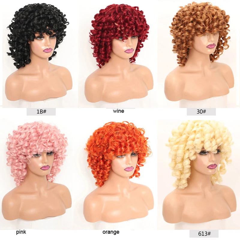 Synthetic  With Bangs Black Red Hair Shoulder Length Heat Resistant Fiber for Africa America Black Women  Afro Kinky Curly Wig