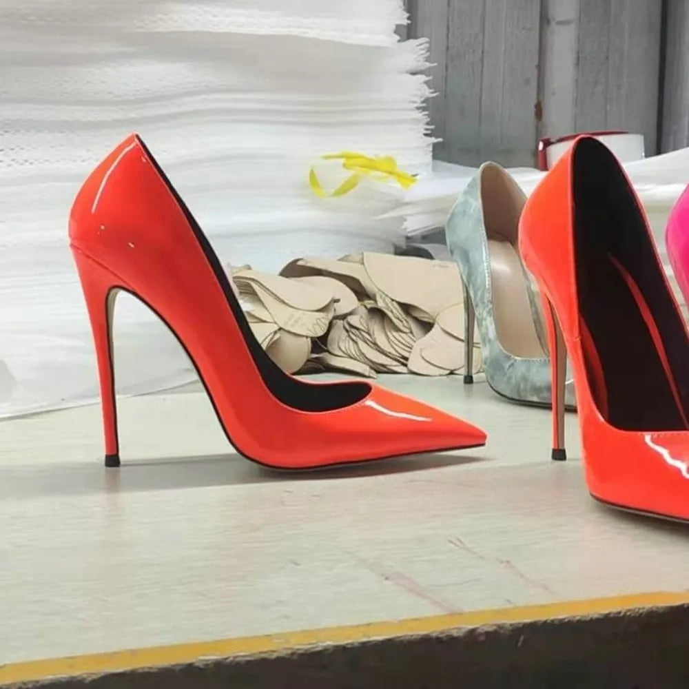2021 Sexy Pointed Toe Jelly Patent Leather High Heels Pump Stilettos Sharp High Heels Dress Shoes for Women OEM Large Size 47