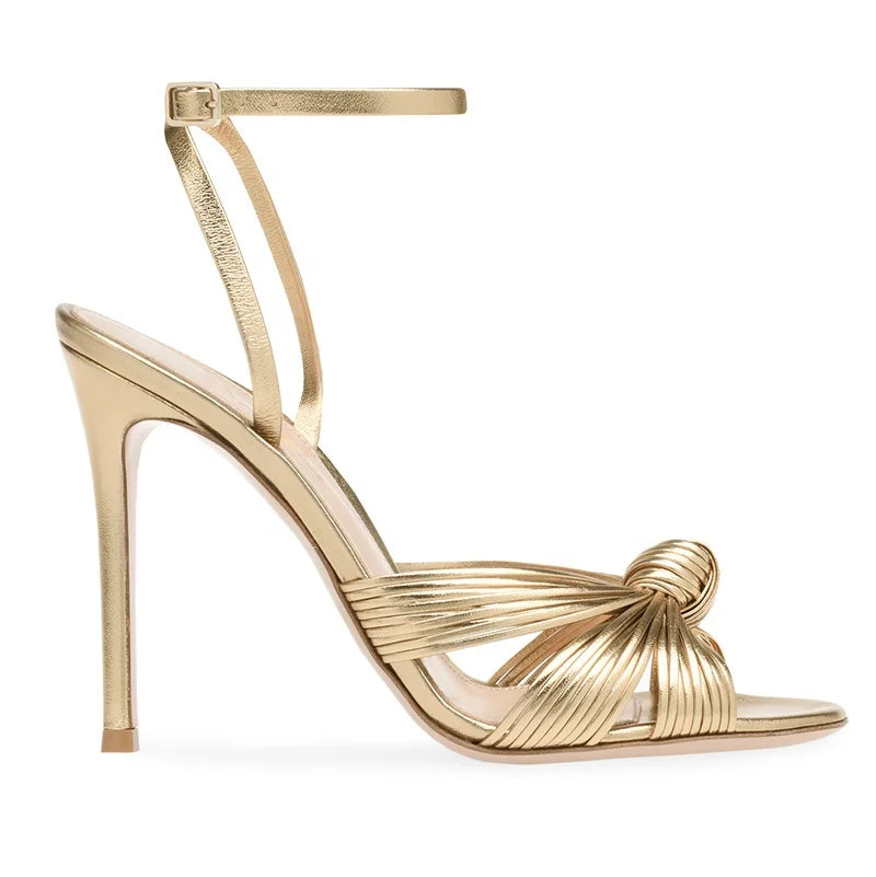 Gold PU Leather Stylish Knot Ankle Strap Elegant High Top Open Toe High Heels Party Shoe Summer Sandals Plus Height Increasing
