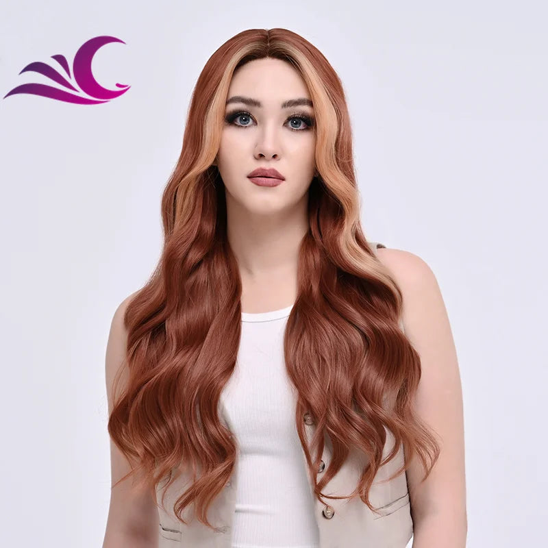 Highlight Mix Ice Blonde Ombre Colorful Middle Part Wig Long Wavy Pre-Plucked Synthetic Lace Front Wig