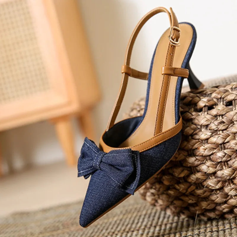 Korean Style Zapatos Luxury 2025 Slingback Fashion Shoes Pointed Heels Women's Pumps Para Damas Bow Thin Heels D'orsay Pumps PU