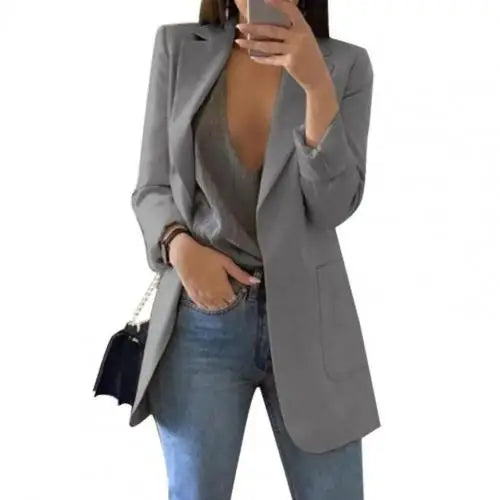 Summer Women Jacket Lapel All match Open Front Stylish Office Lady Slim Suit Overcoat Solid Color Long Blazer