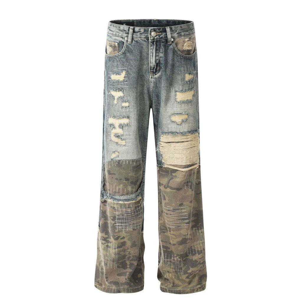 Ohsisa 2025 Trendy Men's Street Heavy Industry Denim Trousers High Old Design Patchwork Washed Technique for Men Women