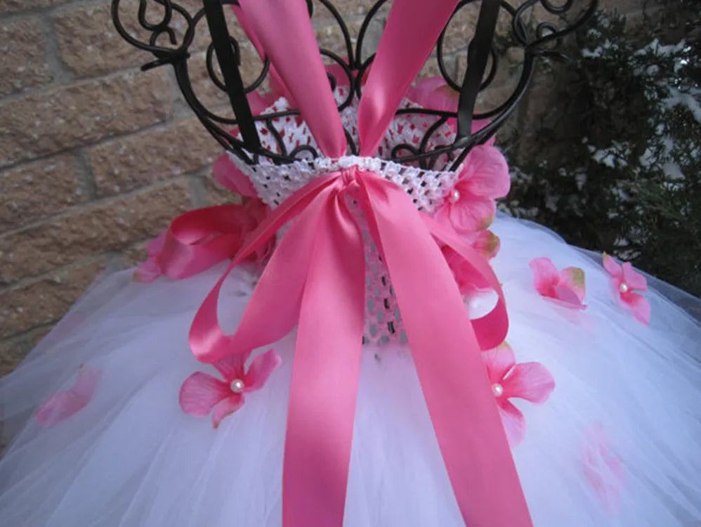 Girls White Tutu Dress Kids Tulle Dress with Red Petals Flower and Ribbon Bow Children Birthday Bridal Wedding Costume Dresses