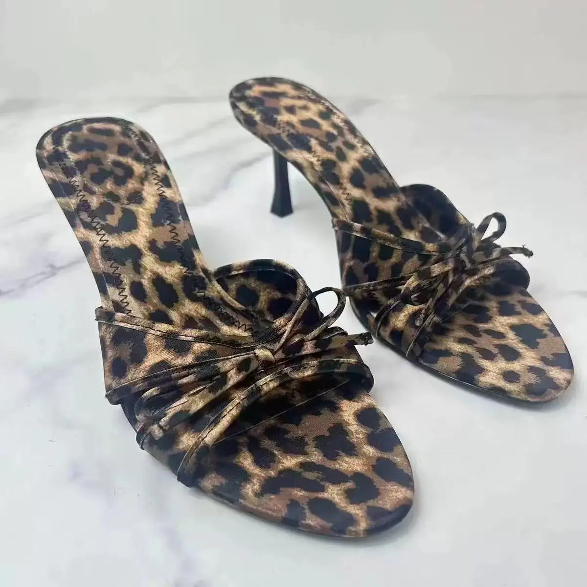 Summer Style Women's Silk Satin Shoes Bow Decoration Black White Polka Dot Open-Back High Heel Sandals Shallow