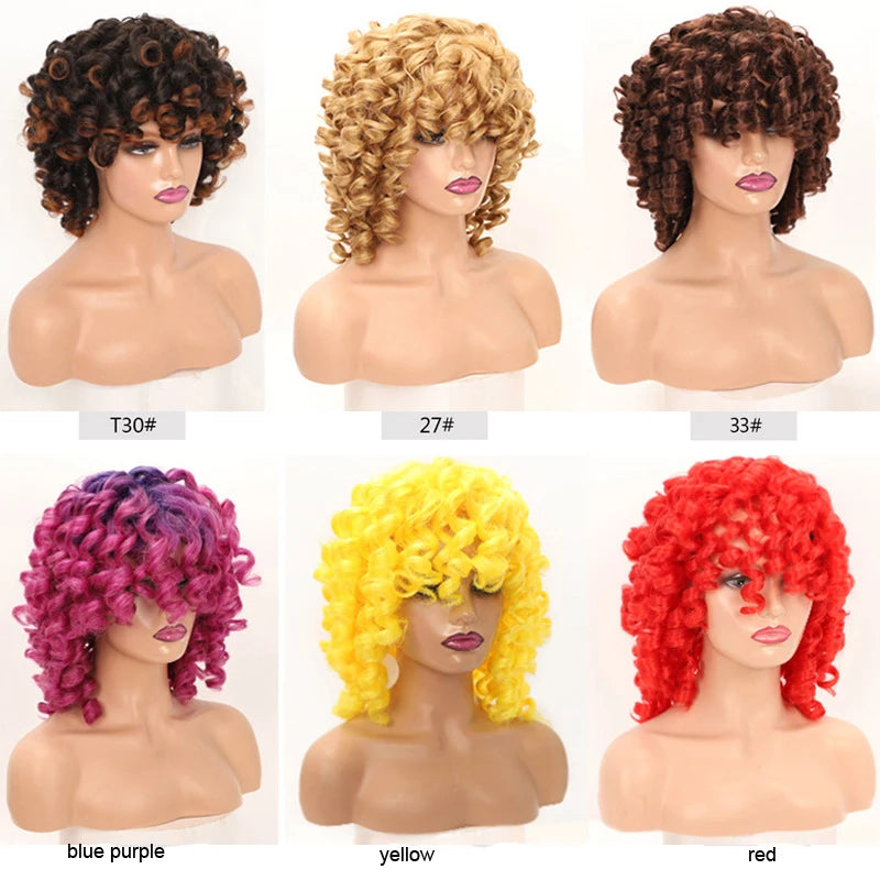 Synthetic  With Bangs Black Red Hair Shoulder Length Heat Resistant Fiber for Africa America Black Women  Afro Kinky Curly Wig
