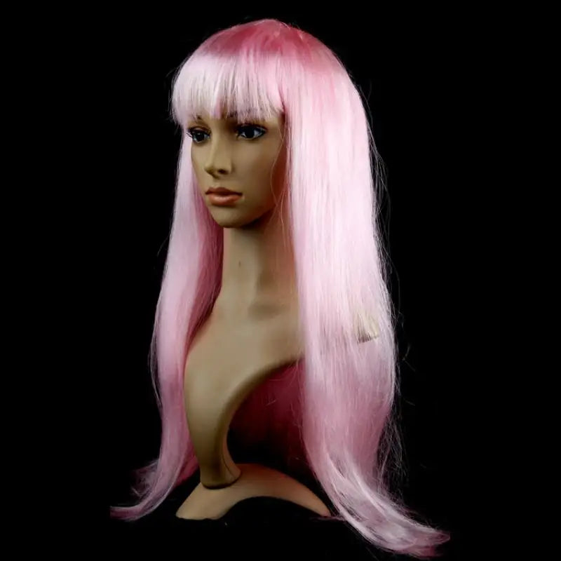 Lady Women Carnival Long Straight Hair Wig For Cosplay Girl Birthday Party Pink 60Cm Comic and Animation Hair With Oblique Bang