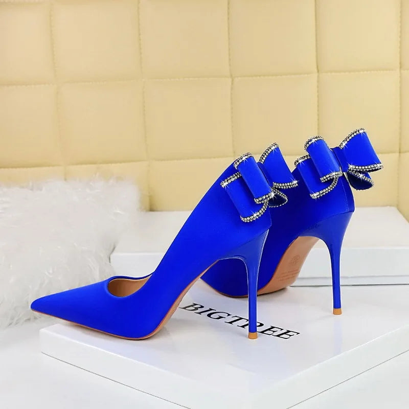 Designer Women's Pumps 20023 Satin Bow Shoes Female Sweet Stiletto Heels for Ladies