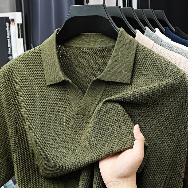2025 Men Summer New Knitting V-neck Thin Polo Shirt Male Short Sleeve T Shirts Men's Solid Color Casual Tops Tees