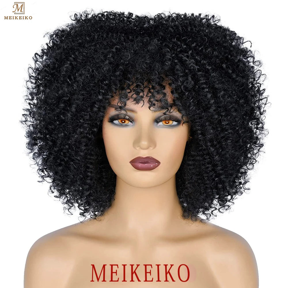 Short Hair Afro Kinky Curly Wigs With Bangs African Synthetic Ombre Glueless Cosplay Wigs for Black Women High Temperature