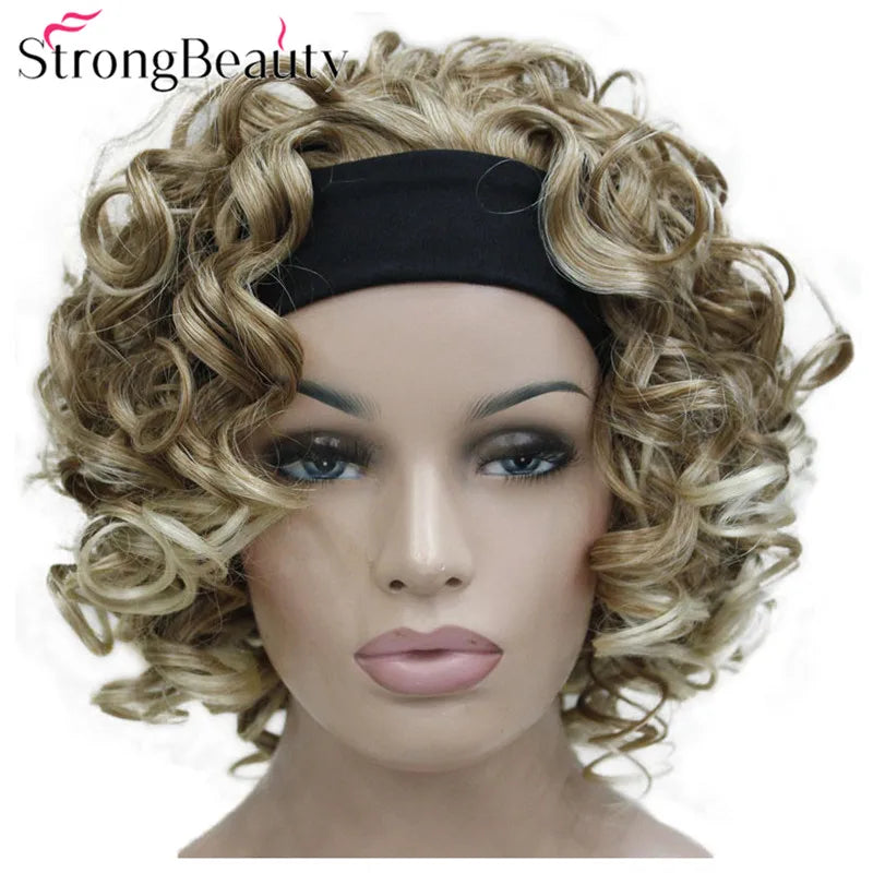 StrongBeauty Short Curly Synthetic Wigs with Headband Women Blue/Gray/Black/Red/Blonde/Brown Wigs 3/4 Half Wig for Lady