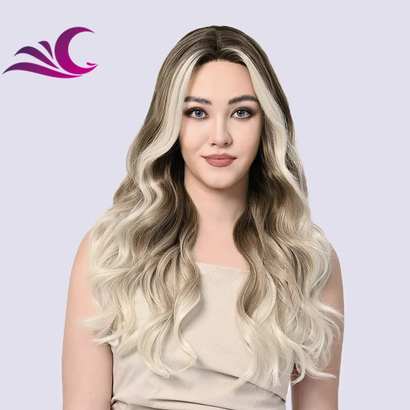 Highlight Mix Ice Blonde Ombre Colorful Middle Part Wig Long Wavy Pre-Plucked Synthetic Lace Front Wig