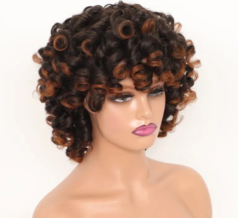 Synthetic  With Bangs Black Red Hair Shoulder Length Heat Resistant Fiber for Africa America Black Women  Afro Kinky Curly Wig