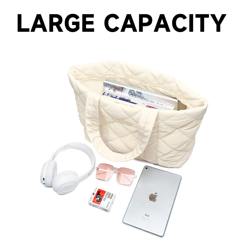 Customized Logo Letter Durable Unisex Padded Puffer Tote Bag Zipper Shoulder Strap Oxford Casual Soft Waterproof Lightweight