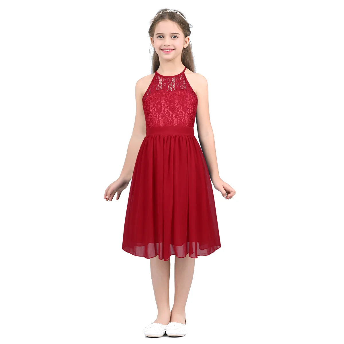 Kid Flower Girls Dress for Birthday Wedding Evening Children Halter Neck Lace Chiffon Princess Formal Party Kids Dress For Girls