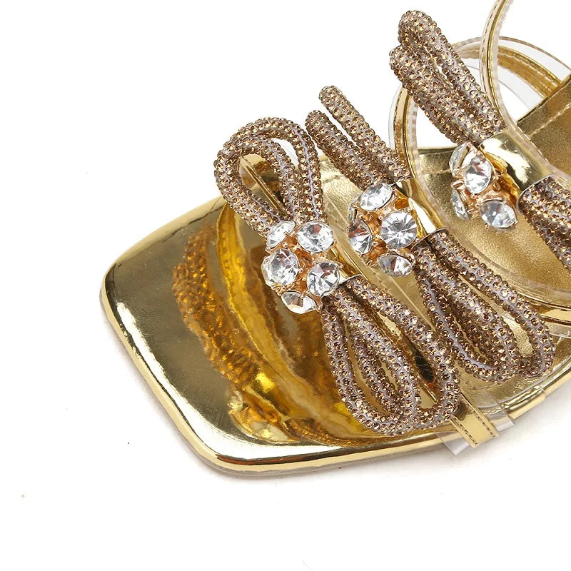 2023 Crystal Sandals Shiny Bow Rhinestone Slippers Party Shoes Outdoor Fashion Women's High Heels