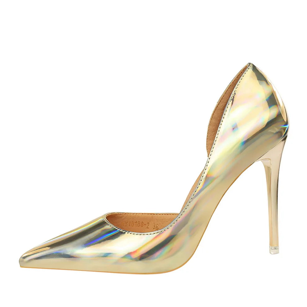 18188-2 BIGTREE Metal Feeling 9.5 CM Stiletto Heel Single Shoes Shallow Mouth Pointed Toes Women's Shoes Sexy  High Heels