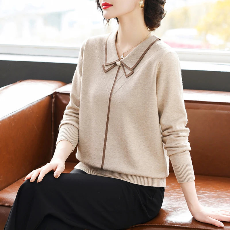 Fashion Lady Slash Collar Long Sleeve Elegant Sweater Shirt