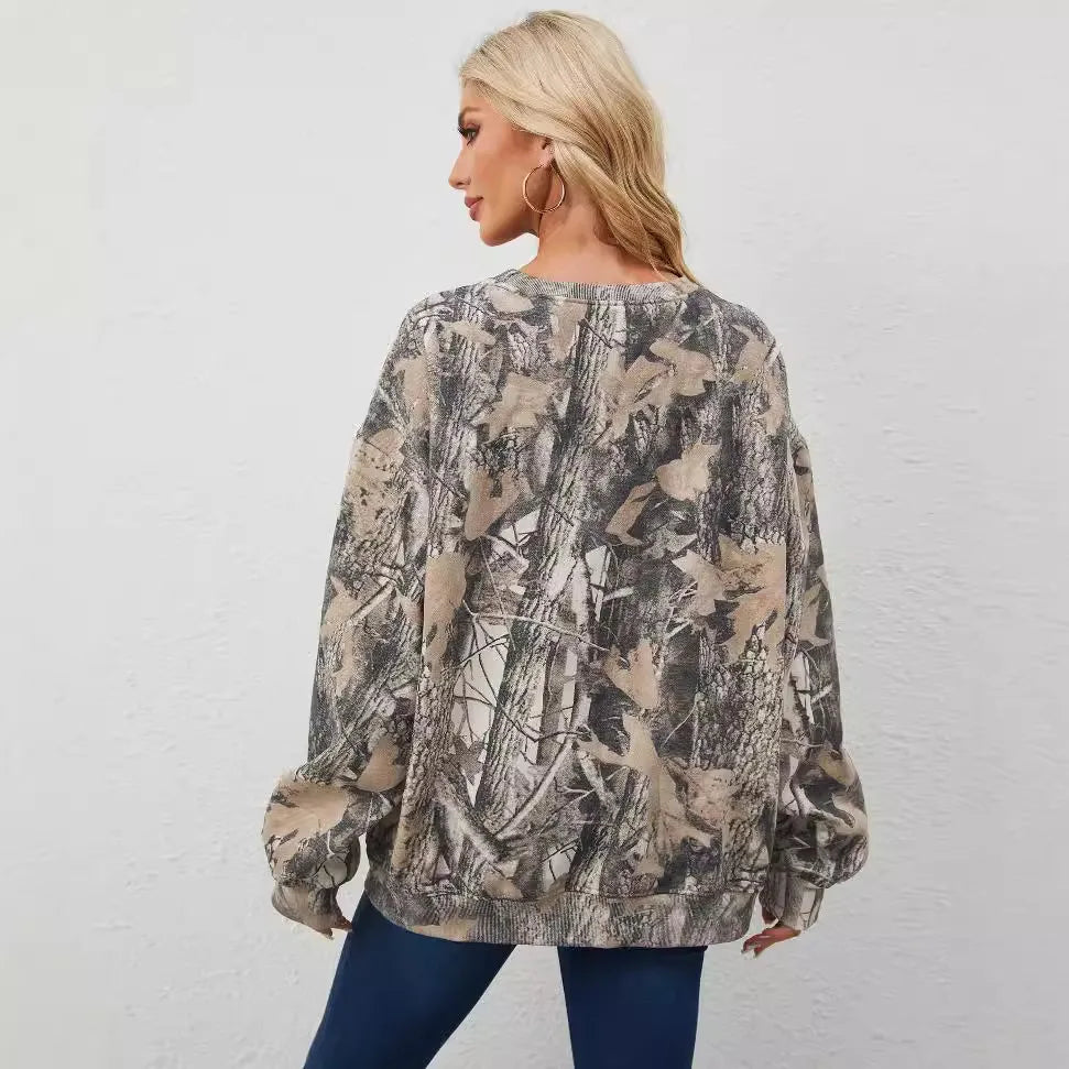 Women's Camouflage Sports Knit Shirt Maple Leaf Print Sweaters Oversized Loose Casual Sweater Large Size