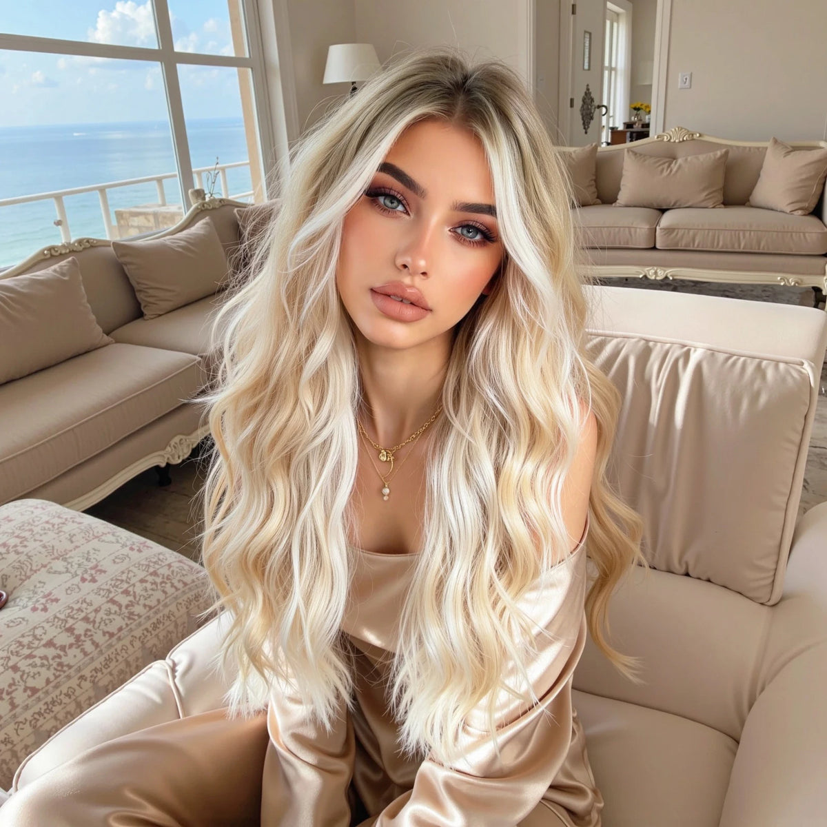26inch Synthetic Fiber Wig Factory Natural Wavy Blonde with White Highlights Ombre Water Wave Wig with Elastic Cap Real Photo