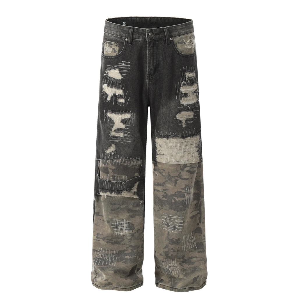 Ohsisa 2025 Trendy Men's Street Heavy Industry Denim Trousers High Old Design Patchwork Washed Technique for Men Women