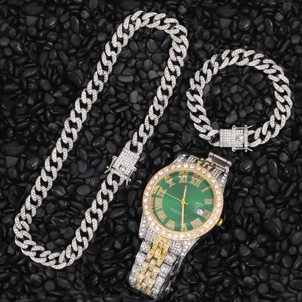 Necklace +Watch+Bracelet Hip Hop Miami Curb Cuban Chain Gold Iced Out Paved Rhinestones CZ Bling Rapper For Men Jewelry 20inch