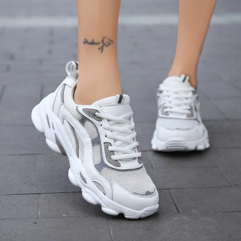 White Breathable Mesh Sports Shoes Cushioning Non-slip Lace-up Lightweight Comfortable Court Sneakers Spring Casual