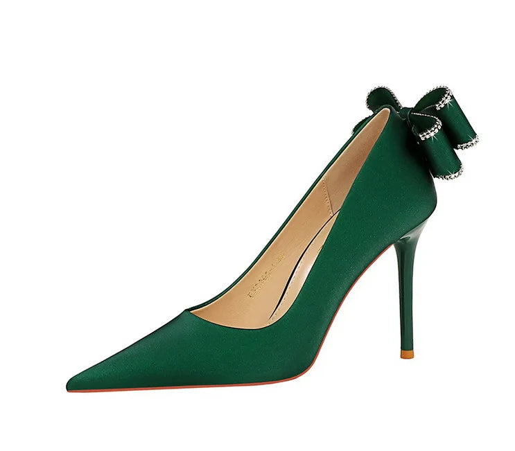 Designer Women's Pumps 20023 Satin Bow Shoes Female Sweet Stiletto Heels for Ladies