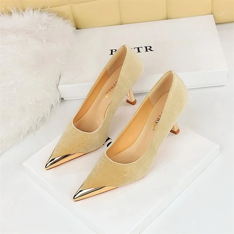 2023 Women's Fashion Kitten Heels New Metal Pointed Suede Party Shoes Slip-On Bridal for Summer
