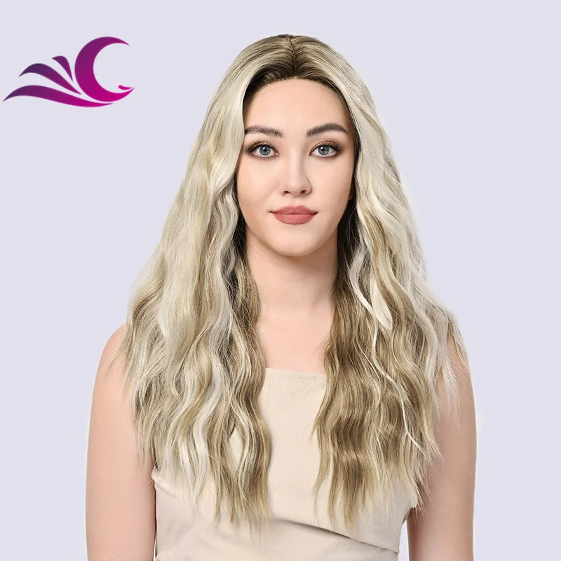 Highlight Mix Ice Blonde Ombre Colorful Middle Part Wig Long Wavy Pre-Plucked Synthetic Lace Front Wig