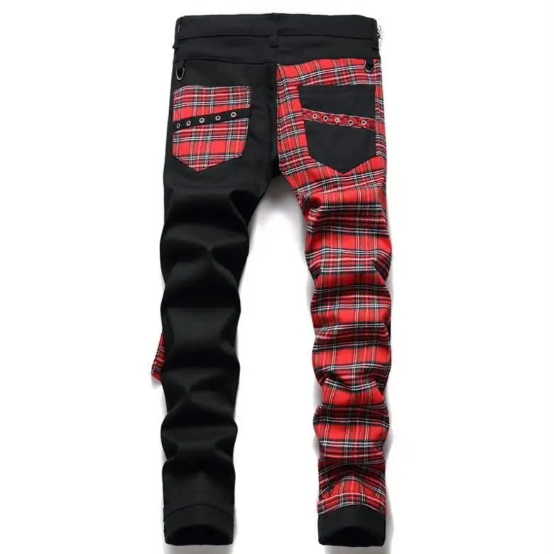 Korean Fashion Red Plaid Patchwork Punk Rivet Men Slim Jeans Trousers Skull Letters Print Hip Hop Chain Denim Pants