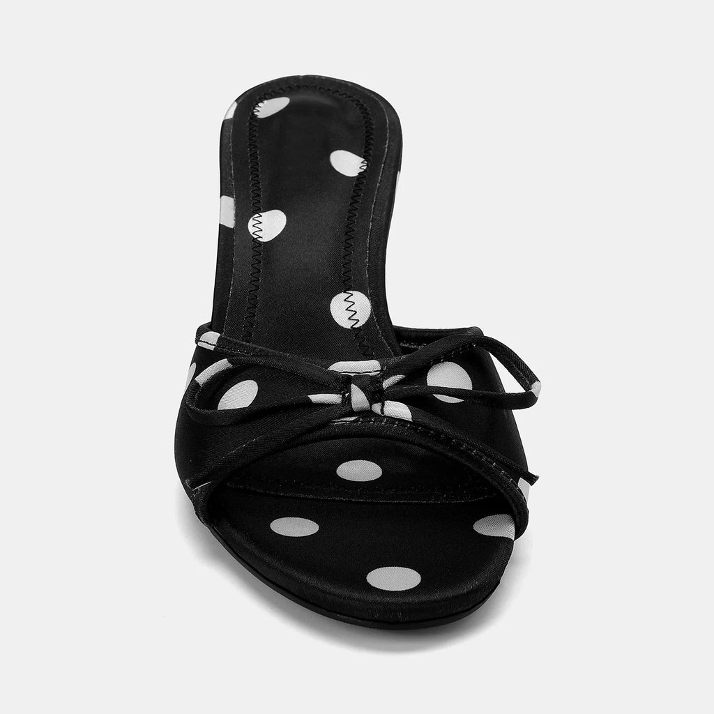 Summer Style Women's Silk Satin Shoes Bow Decoration Black White Polka Dot Open-Back High Heel Sandals Shallow