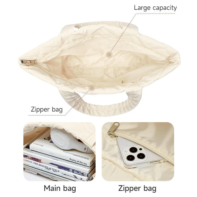 Customized Logo Letter Durable Unisex Padded Puffer Tote Bag Zipper Shoulder Strap Oxford Casual Soft Waterproof Lightweight
