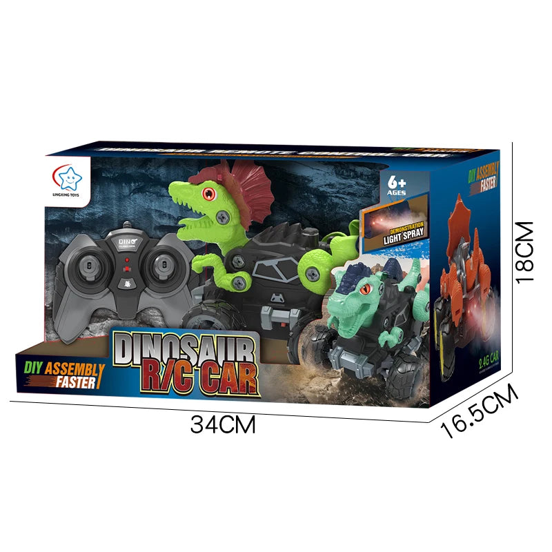 2.4Ghz Remote Control 4WD Dinosaur Spraying Vehicle Disassembly Assembly Toys Flashing Light RC Car Models for Kid Adult