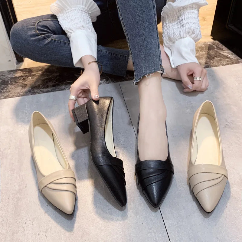 Women's Business square Heel Shoes Pointed Thick Heel Small Leather Shoes Four Seasons Elegant Formal Fashion High Heels