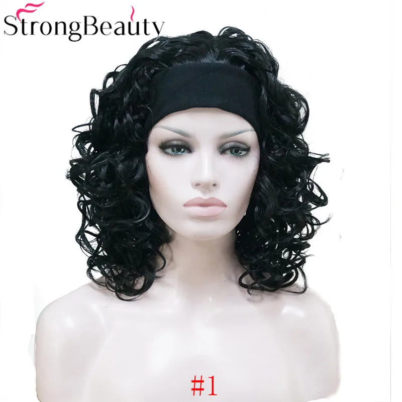 StrongBeauty Short Curly Synthetic Wigs with Headband Women Blue/Gray/Black/Red/Blonde/Brown Wigs 3/4 Half Wig for Lady